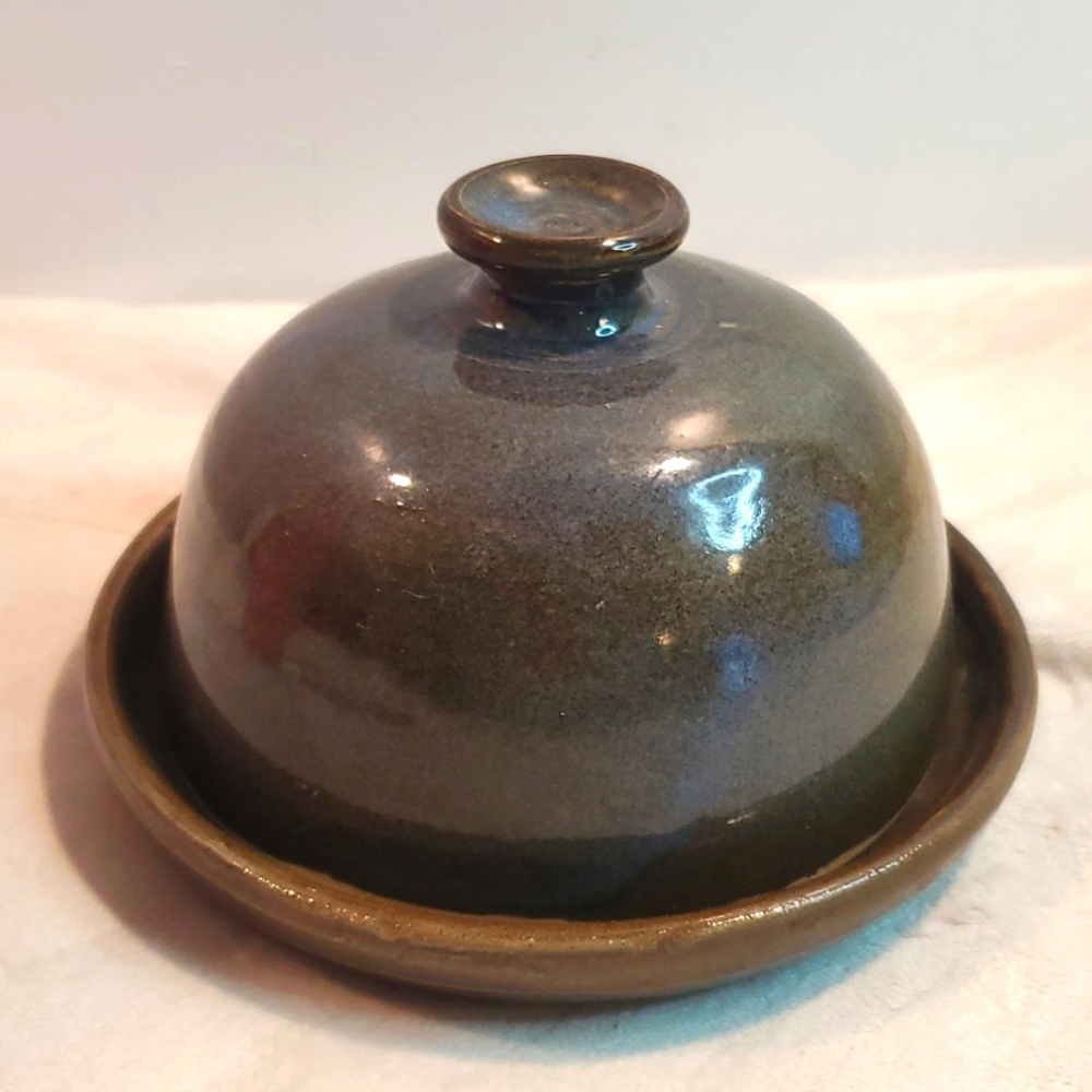 Hand made Pottery butter dish cheese dish blue green coloring